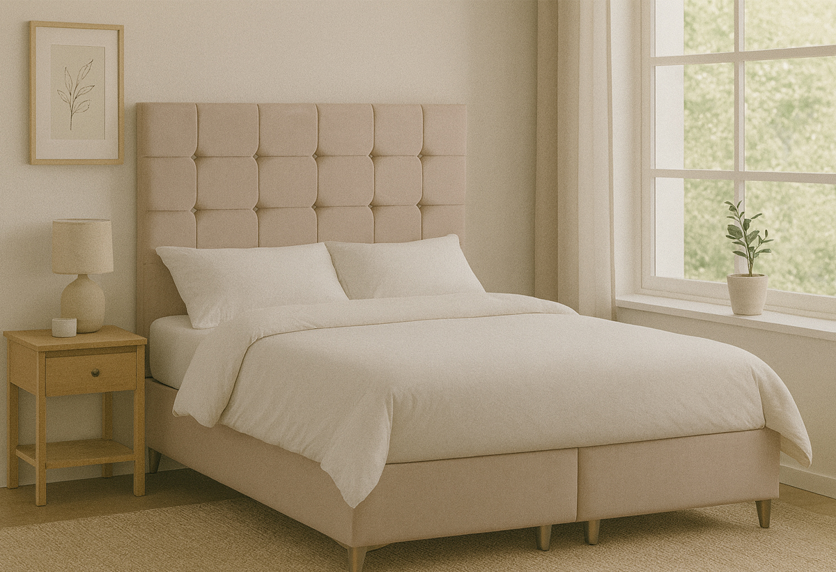 Απεικονίζεται το κρεβάτι σε ένα υπνοδωμάτιο.